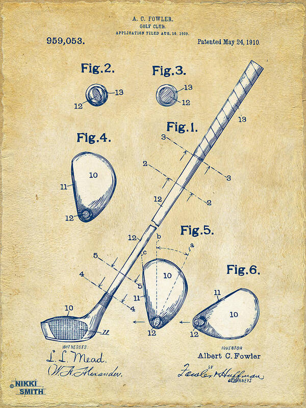 Golf Art Print featuring the digital art Vintage 1910 Golf Club Patent Artwork by Nikki Marie Smith