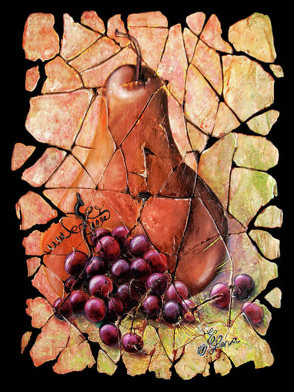  Fresco Antique Painting Grape Art Print featuring the painting Vintage Pear And Grapes Fresco  by Lena Owens - OLena Art Vibrant Palette Knife and Graphic Design