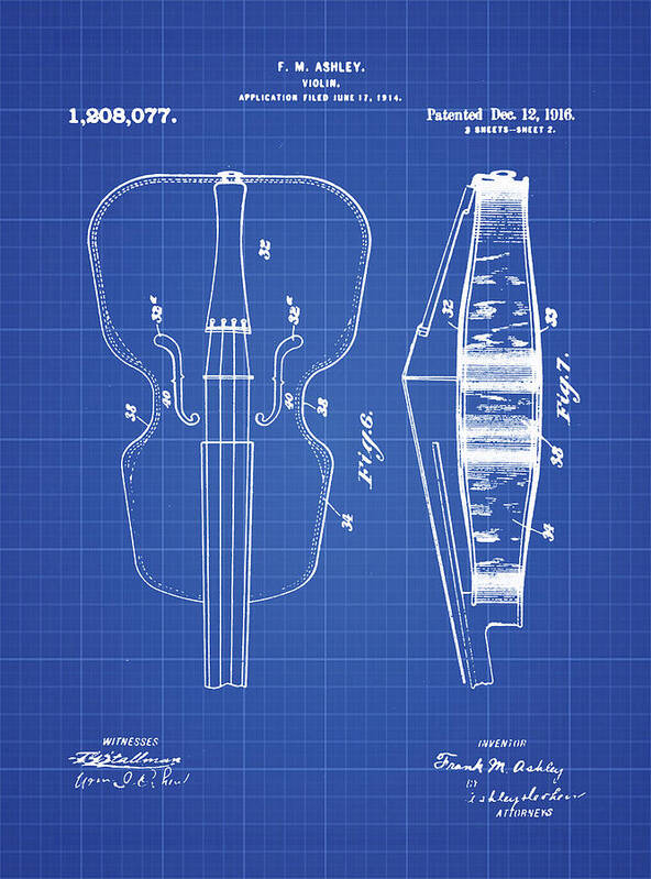 Violin Art Print featuring the photograph Violin Patent 1916 Blueprint by Digital Reproduction
