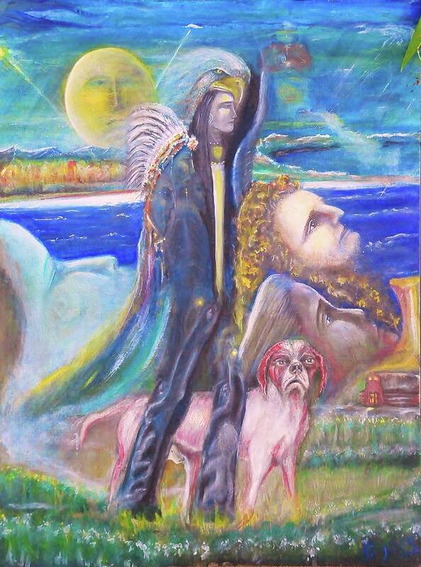 Native Amerian Art Print featuring the painting Visiting Star Beings by Kicking Bear Productions