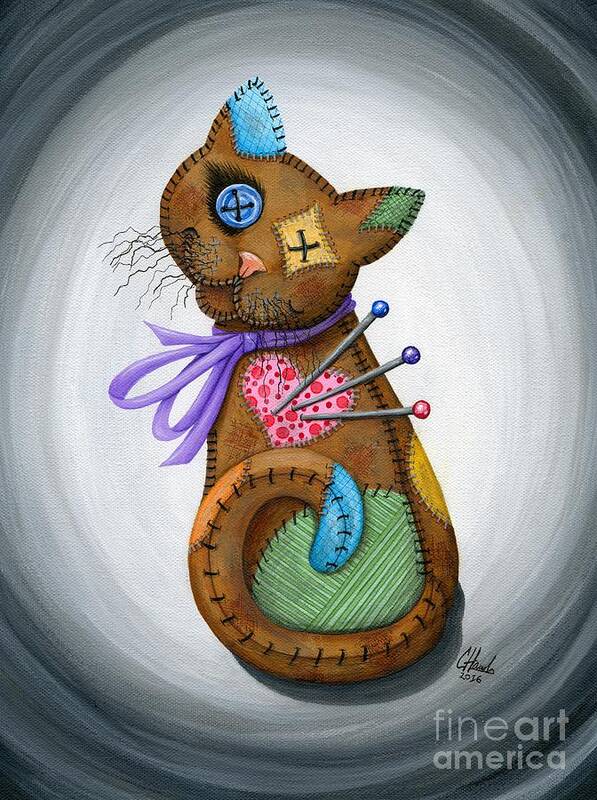 Voodoo Cat Doll Art Print featuring the painting Voodoo Cat Doll - Patchwork Cat by Carrie Hawks