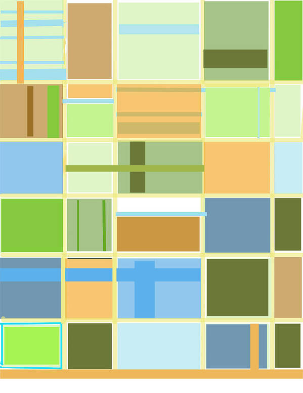 Patterns Abstract Blues Greens Squares Art Print featuring the digital art We Are Connected by Suzanne Udell Levinger