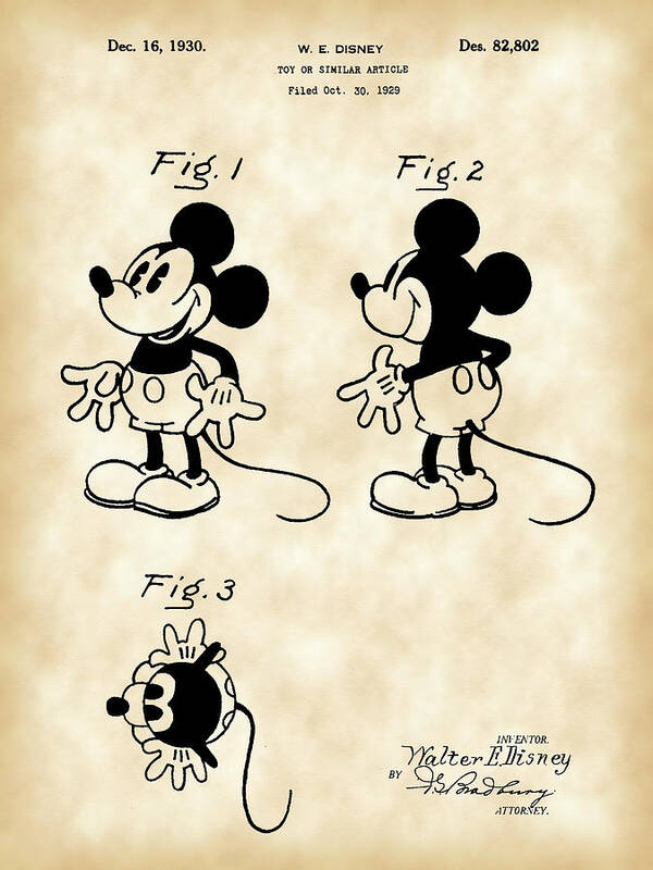 Walt Disney Mickey Mouse Patent 1929 - Vintage Art Print by Stephen Younts  - Fine Art America
