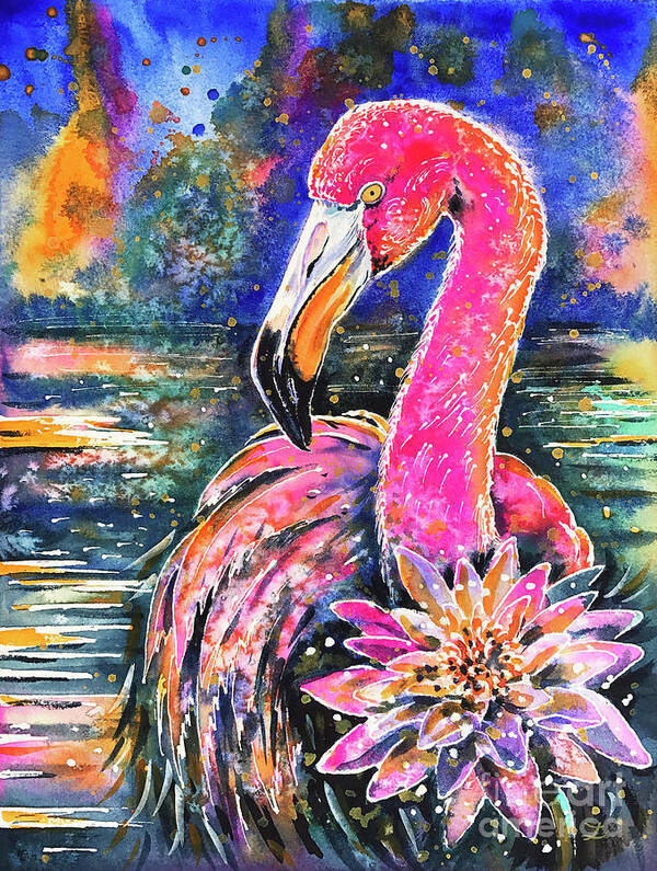 Flamingo Art Print featuring the painting Water Lily and Flamingo by Zaira Dzhaubaeva