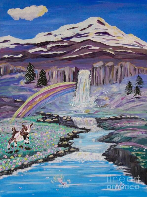 High Mountains Art Print featuring the painting Waterfalls Rainbows and a Silly Goat by Phyllis Kaltenbach