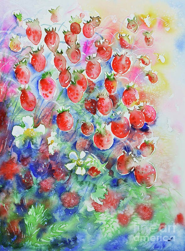 Red Art Print featuring the painting Wild Strawberries by Zaira Dzhaubaeva