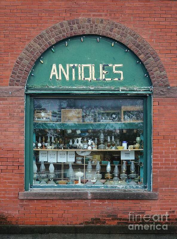 Window Antique Store Collectable Glass Old Brick Arch Street Art Print featuring the photograph Window Shopping for Antiques by Ken DePue