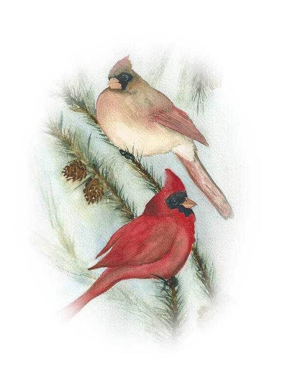Cardinals Art Print featuring the painting Winter Cardinal Vignette by Elise Boam