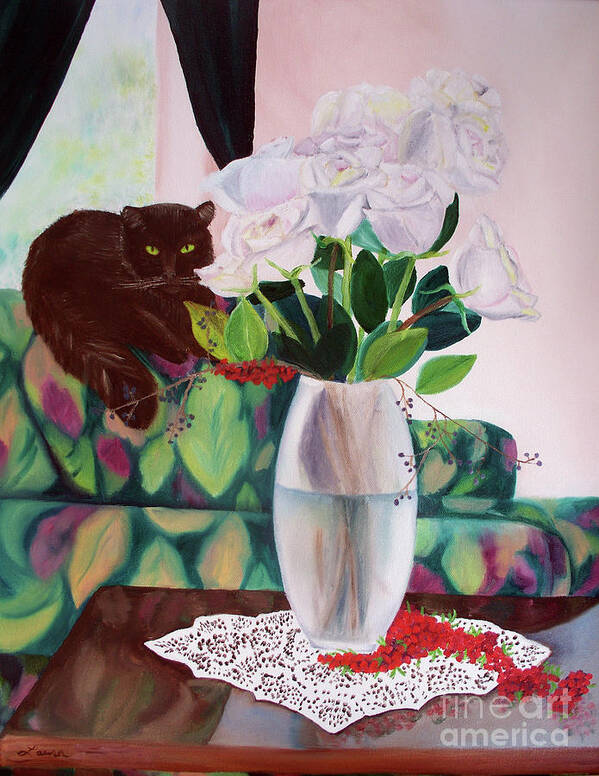 Cat Art Print featuring the painting Winter Roses by Laura Iverson