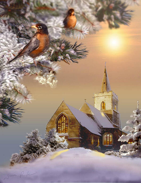 Winter Scene With Robins And Church Print Art Print featuring the painting Winter scene with robins and church  by Regina Femrite