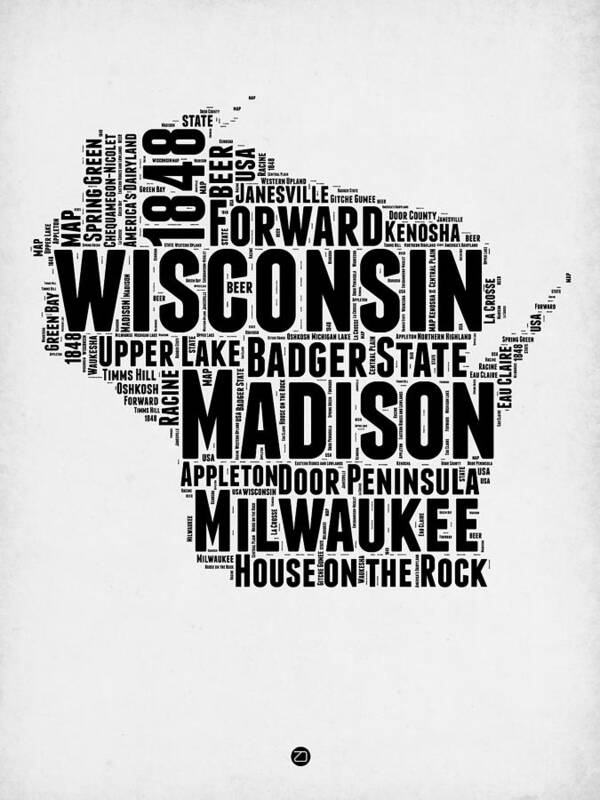 Wisconsin Art Print featuring the digital art Wisconsin Word Cloud Map 2 by Naxart Studio