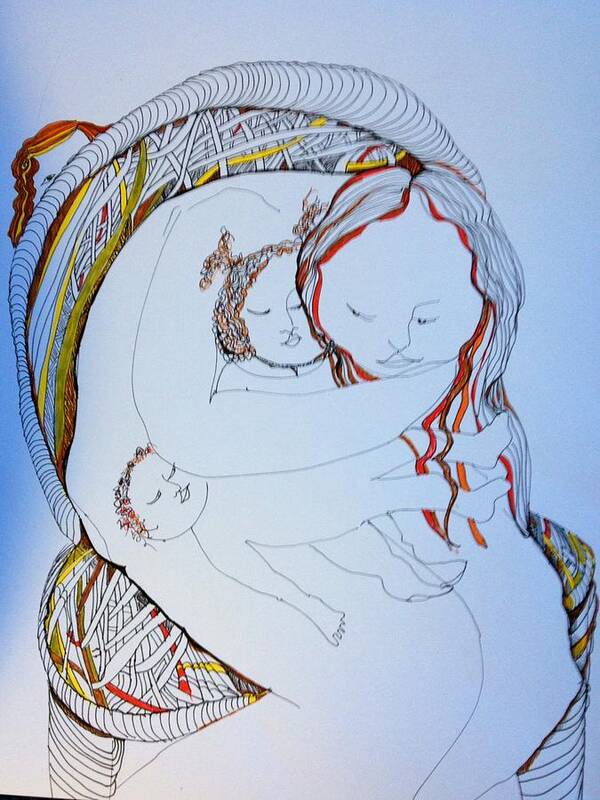 Woman Art Print featuring the drawing Woman with Child in Wicker Chair by Rosalinde Reece