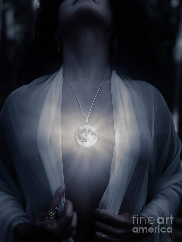 Woman with glowing Full Moon pendant on her chest Art Print by