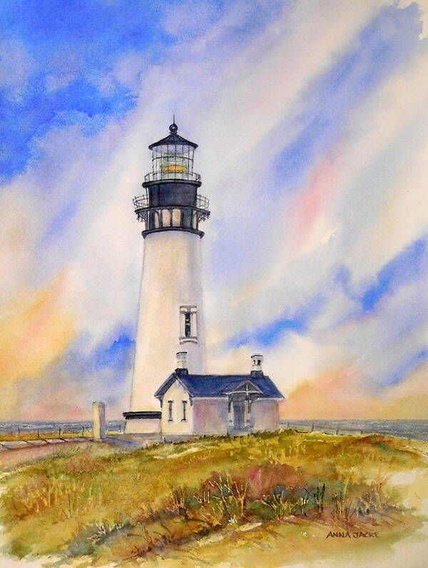 Yaquina Head Lighthouse In Watercolor Art Print featuring the painting Yaquina Head Lighthouse by Anna Jacke