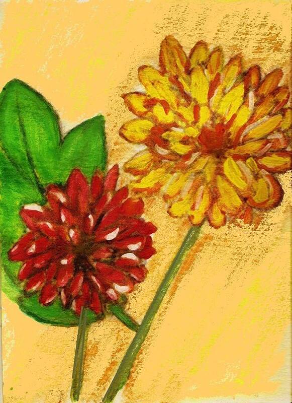 Flowers Art Print featuring the painting Yellow And Red Chrysanthemums by Joseph Ferguson