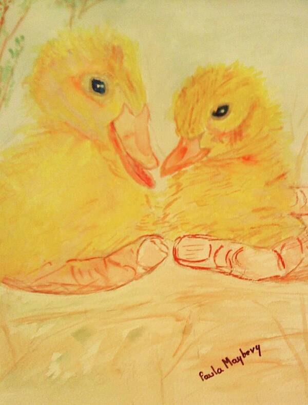 Yellow Art Print featuring the painting Yellow Chicks by Paula Maybery