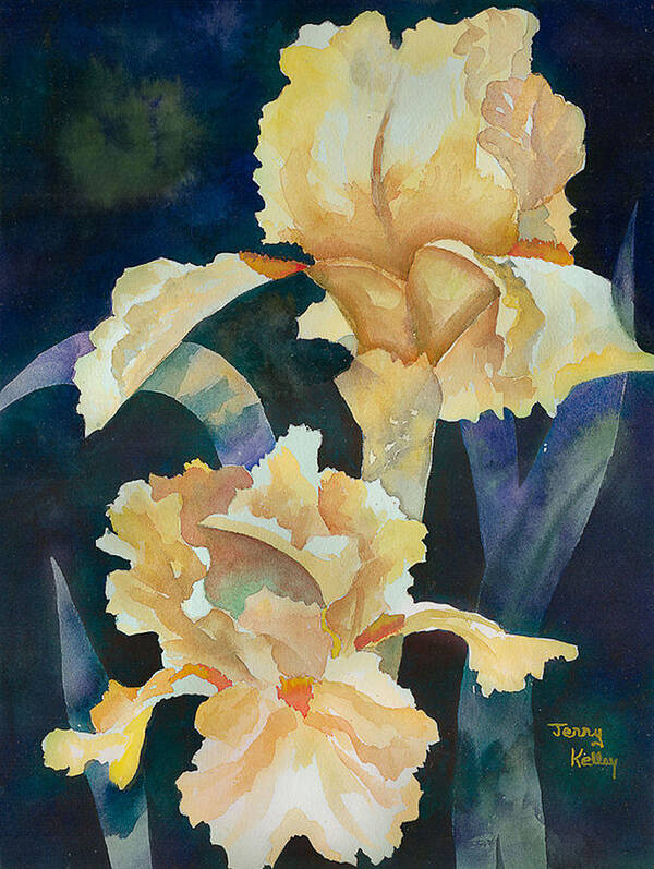 Flowers Art Print featuring the painting Yellow Irises by Jerry Kelley