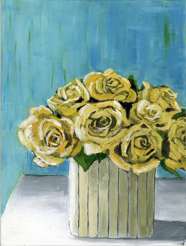 Roses Art Print featuring the painting Yellow Roses In Vase by Debbie Brown