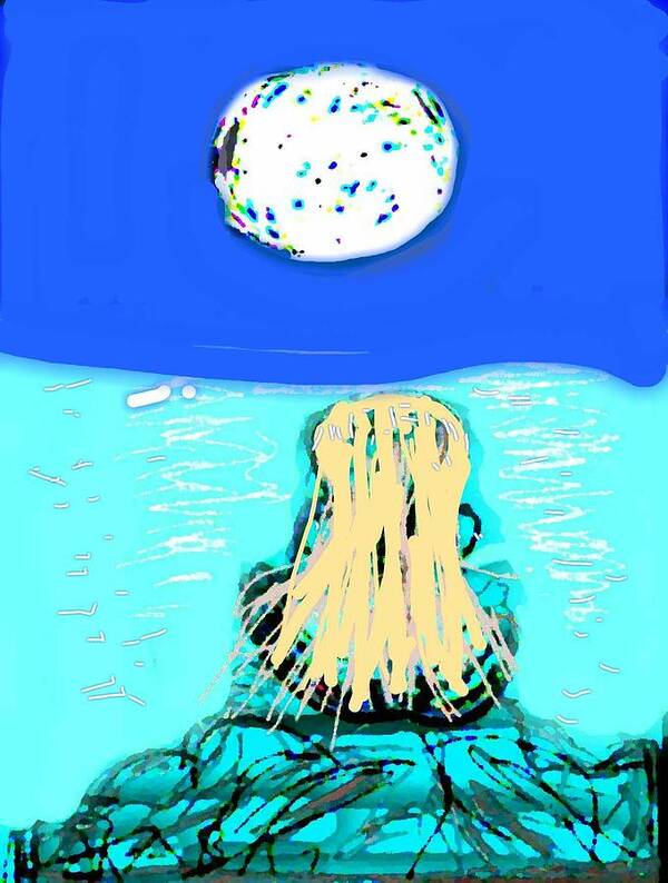 Yoga Art Print featuring the digital art Yoga by the Sea Under the Moon by Kathy Barney