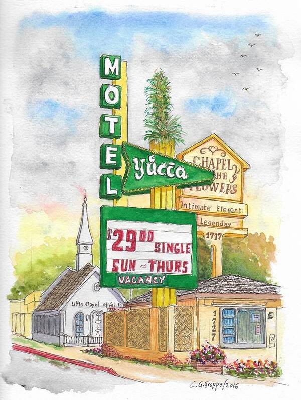 Yucca Motel Art Print featuring the painting Yucca Motel and Little Chapel of the Flowers, Las Vegas, Nevada by Carlos G Groppa