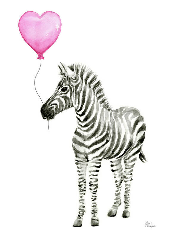 Zebra Art Print featuring the painting Zebra Watercolor Whimsical Animal with Balloon by Olga Shvartsur