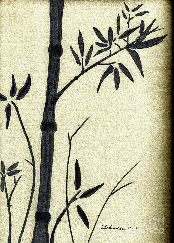 Abstract Art Print featuring the mixed media Zen Sumi Antique Bamboo 1a Black Ink on Fine Art Watercolor Paper by Ricardos by Ricardos Creations