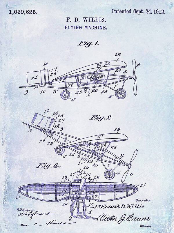 1920 Airplane Patent Art Print featuring the photograph 1912 Flying Machine Patent Blueprint by Jon Neidert
