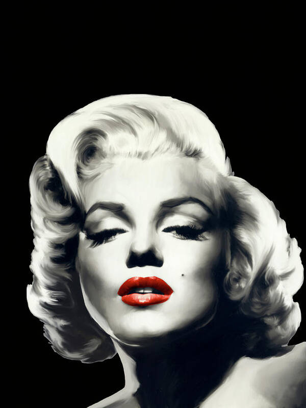 Fashion Art Print featuring the painting Red Lips Marilyn In Black #1 by Chris Consani