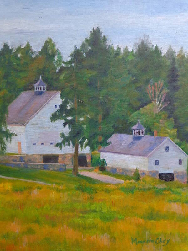 Barns Art Print featuring the painting Two Country Barns #1 by Maureen Obey