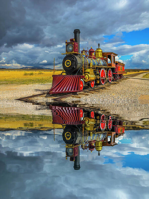 The 119 Union Pacific Engine Art Print featuring the photograph 119 Union Pacific Steam Train Reflection by Garry Gay
