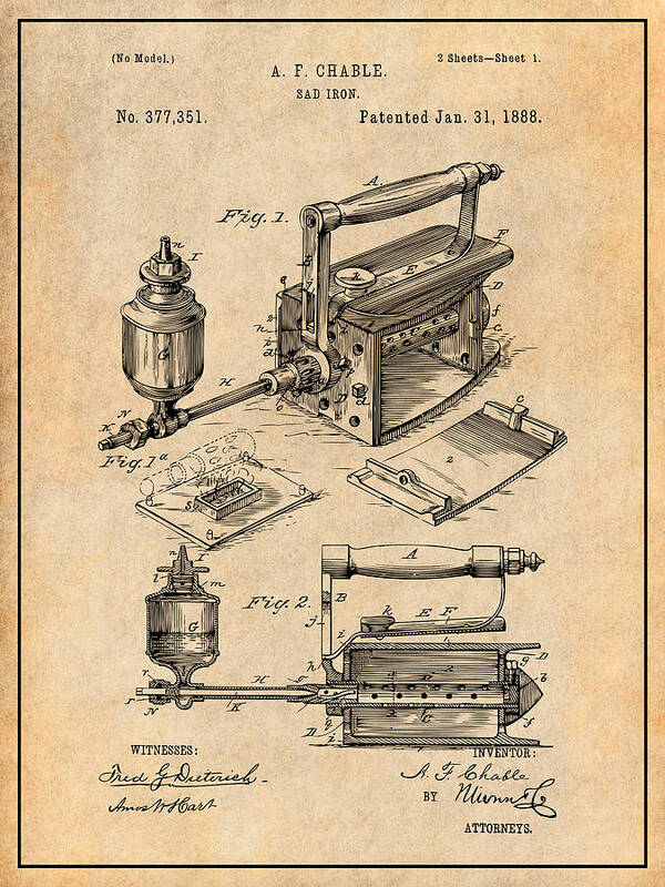 Art & Collectibles Art Print featuring the drawing 1888 Antique Sad Iron Patent Print Antique Paper by Greg Edwards