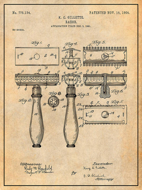 1901 Gillette Safety Razor Patent Print Art Print featuring the drawing 1901 Gillette Safety Razor Antique Paper Patent Print by Greg Edwards