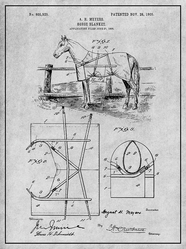 Art & Collectibles Art Print featuring the drawing 1905 Horse Blanket Patent Print Gray by Greg Edwards