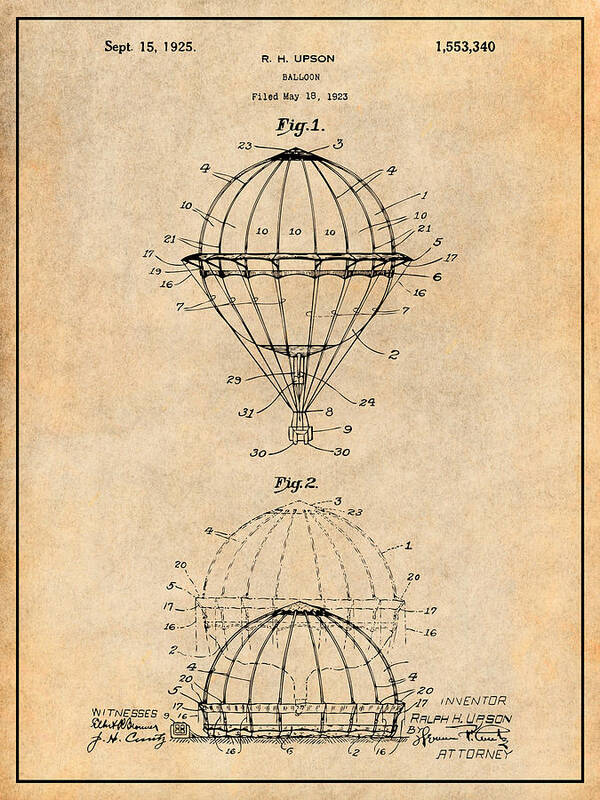 Art & Collectibles Art Print featuring the drawing 1923 Hot Air Balloon Patent Print Antique Paper by Greg Edwards