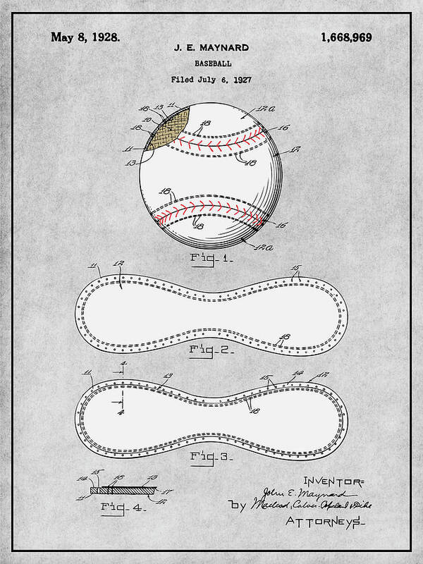 1928 J. E. Maynard Baseball Colorized Patent Print Art Print featuring the drawing 1928 J. E. Maynard Baseball Colorized Patent Print Gray by Greg Edwards