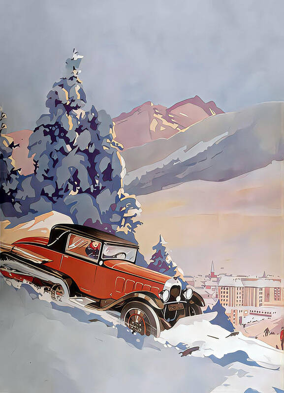 Vintage Art Print featuring the mixed media 1932 Chrysler Coupe Snow Plowing Alpine Mountain Original French Art Deco Illustration by Retrographs