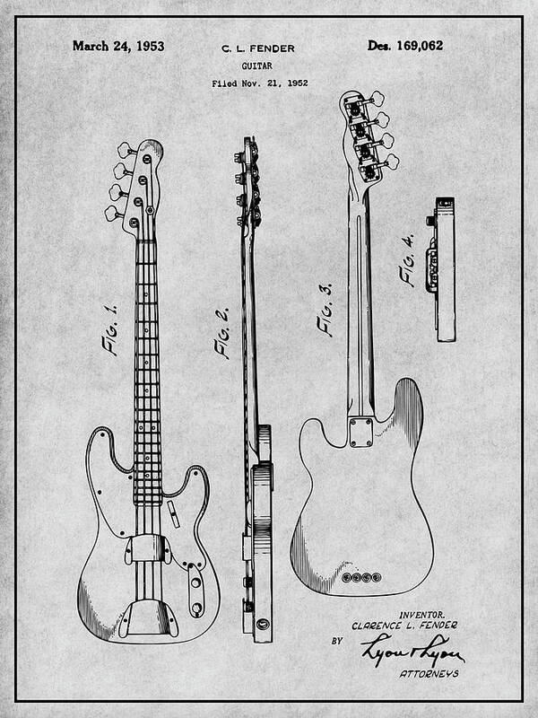 Fender Art Print featuring the drawing 1952 Fender P1 Bass Guitar Patent Print Gray by Greg Edwards