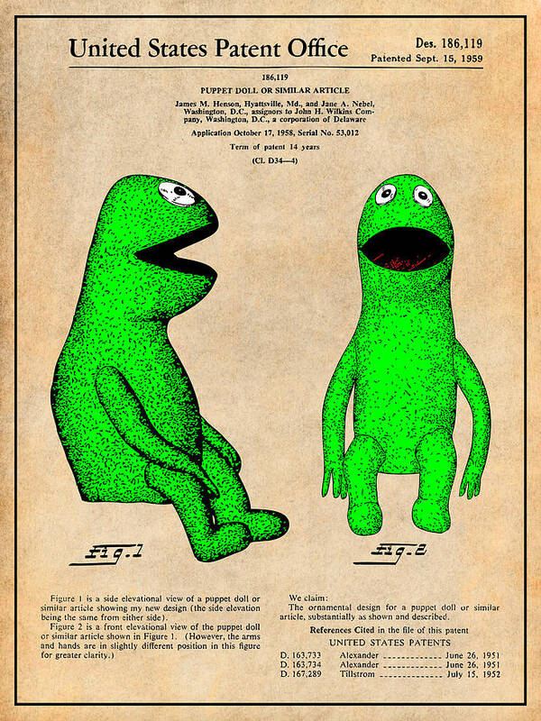 Nursery Wall Art Art Print featuring the drawing 1959 Kermit The Frog Jim Henson Muppet Patent Print Antique Paper by Greg Edwards