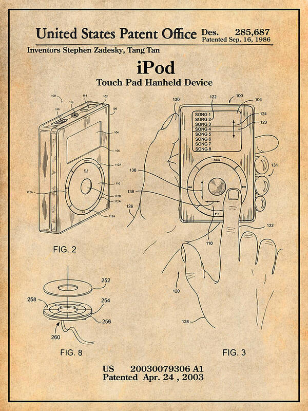 2003 Apple Ipod Patent Print Art Print featuring the drawing 2003 Apple iPod Antique Paper Patent Print by Greg Edwards