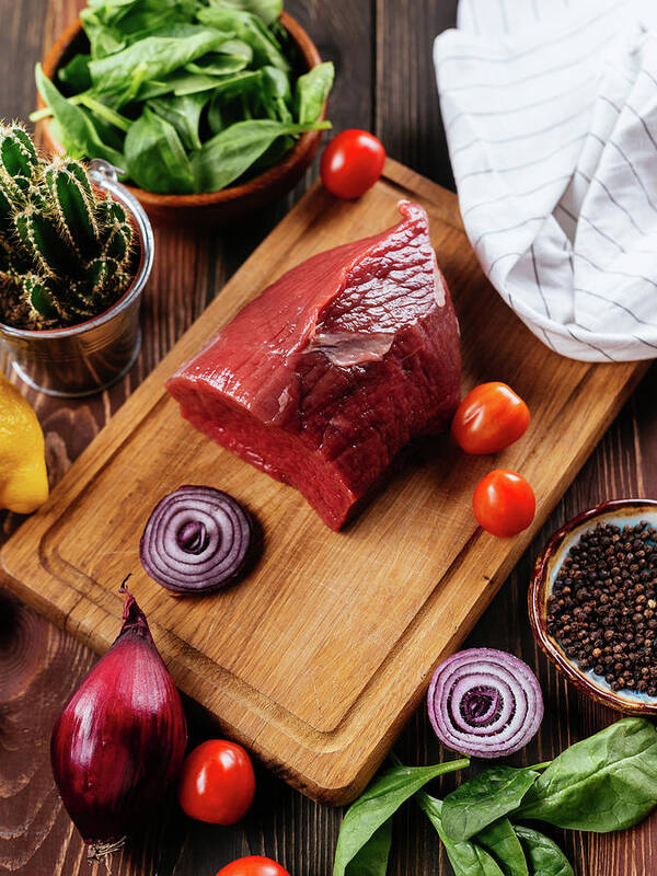 Background Art Print featuring the photograph Fresh Beef Tenderloin On A Wooden Board #4 by Cavan Images