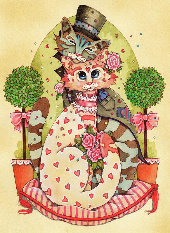 A Purrrrfect Match Art Print featuring the painting A Purrrrfect Match by Linda Ravenscroft