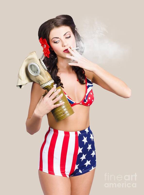 Soldier Art Print featuring the photograph American military pin up girl holding gasmask by Jorgo Photography