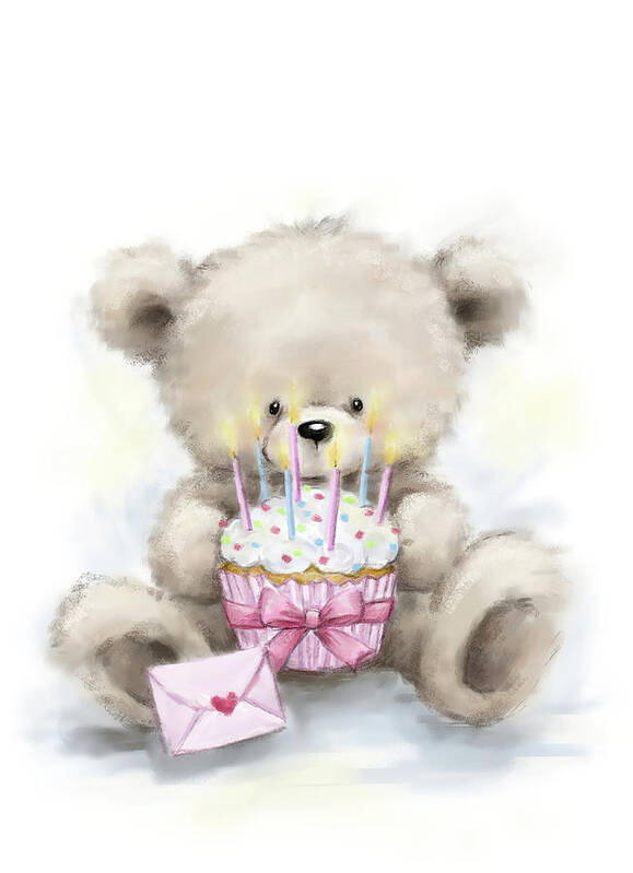 Bear With Cake Art Print featuring the mixed media Bear With Cake by Makiko