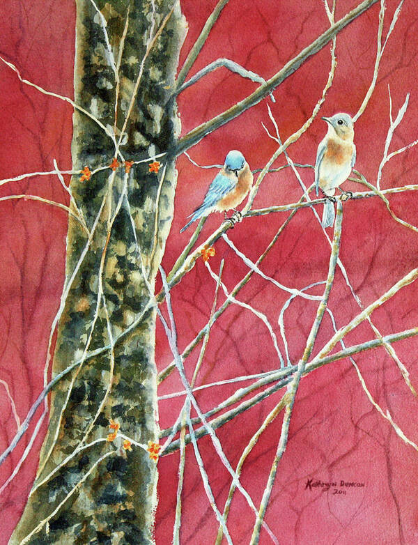 Watercolor Painting Art Print featuring the painting Bluebirds In Early Spring by Kathryn Duncan