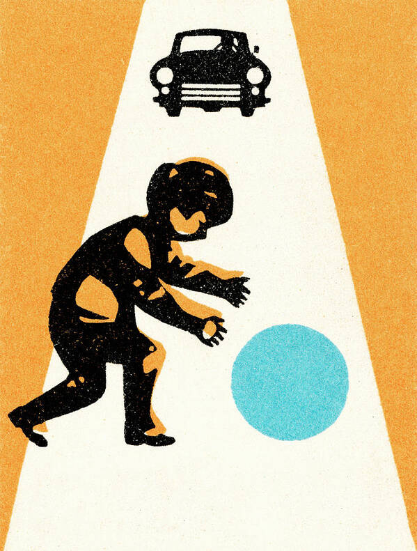 Accident Art Print featuring the drawing Boy with ball in street; car approaching by CSA Images