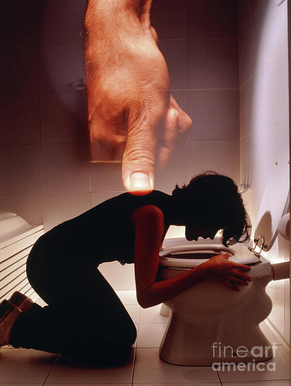 Vomiting Art Print featuring the photograph Bulimia: Young Woman Trying To Vomit In A Toilet by Oscar Burriel/science Photo Library