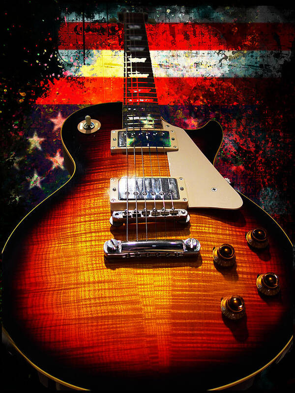 Guitar Art Print featuring the digital art Burst Guitar American Flag Background by Guitarwacky Fine Art