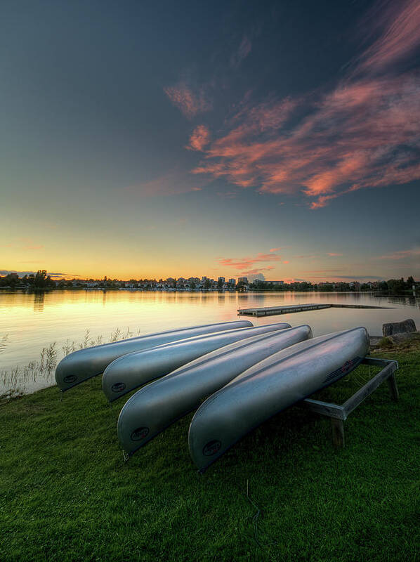 Tranquility Art Print featuring the photograph Canoes In Sunset by David Olsson