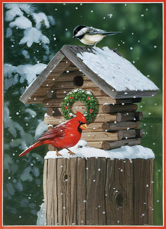 Cardinal And Chickadee In Snow Art Print featuring the painting Cardinal And Chickadee In Snow by William Vanderdasson