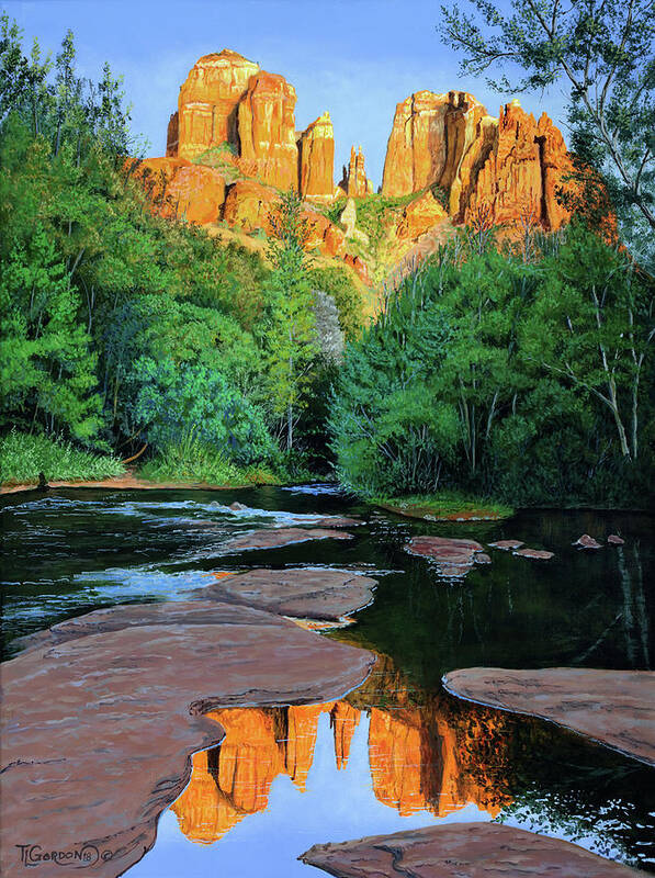 Morning Art Print featuring the painting Cathedral Rock at Oak Creek by Timithy L Gordon